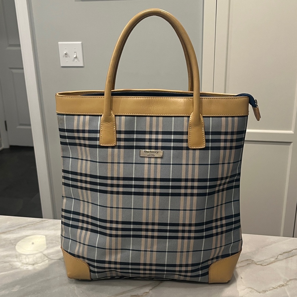 Burberry Blue Cream & Navy Nova Check Y2K Large Tote Bag, Leather Trim, GUC